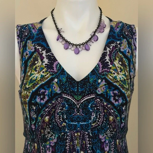 Chico's Vibrant Colors Blue Green Purple & Black Maxi V Neck Dress Sz 0, - Picture 6 of 12